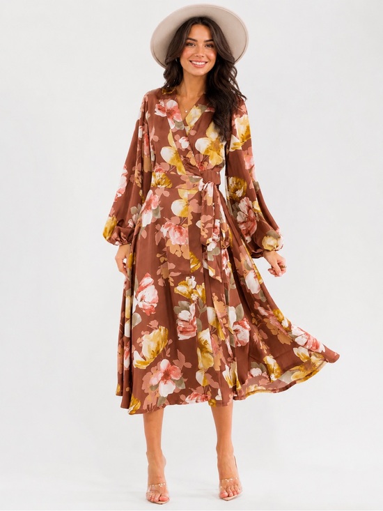 Onetheland Dresses & Skirts - Floral Wrap Midi Dress in Brown